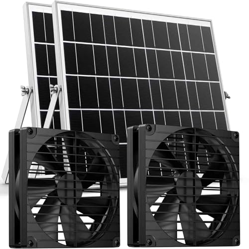 7 Inch 44W Solar Powered Two Fan Exhaust Vent Large Airflow for Outside Greenhouse Chicken Coop Shed Trailer, IPX7 Waterproof Brushless DC Motor 16.5 Ft On/Off Switch Cable