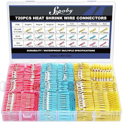 720PCS Marine Grade Heat Shrink Wire Connectors, Sopoby Electrical Connectors Kit of Tinned Red Copper, Waterproof Crimp Insulated Ring Fork Spade Butt Splice AWG 22-10 - size: 720 PCS Kit