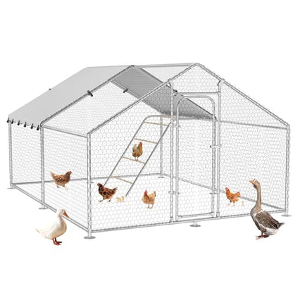 Large Metal Chicken Coop with Waterproof and UV-Resistant Cover, Chicken Run Outdoor Walk-in Cage Rabbit Duck Hen House for Yard Farm Use Spire Roof, 10’ W x 10’ L x 6.5’ H - size: 120.0"L x 120.0"W x 78.0"H
