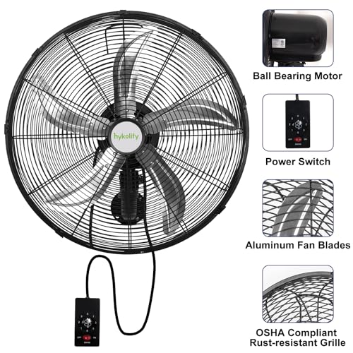 hykolity 20" Oscillating Wall Mount Fan, 5900 CFM High Velocity Wall Mounted Fan with 3 Speeds, Heavy Duty Industrial Wall Fan with Wired Remote for Garage, Commercial and Warehouse - size: 20 inch with Remote