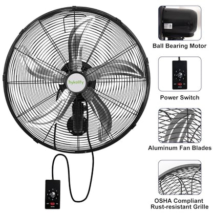 hykolity 20" Oscillating Wall Mount Fan, 5900 CFM High Velocity Wall Mounted Fan with 3 Speeds, Heavy Duty Industrial Wall Fan with Wired Remote for Garage, Commercial and Warehouse - size: 20 inch with Remote