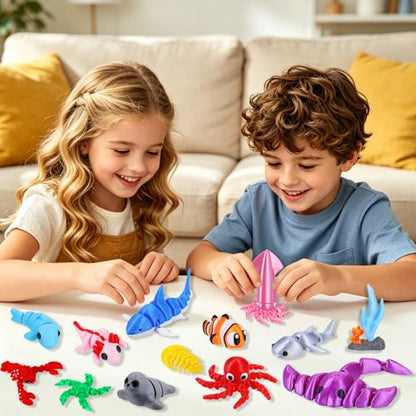 ywevyezc 25 Pcs 3D Printed Ocean Animals Set, Flexible Articulated Mini Sea Animal Figurines Fidget Toy Desk Pets, Ideal for Party Favors Birthday Gifts Office Desktop Home Decor - style: 25Pcs-3D Ocean Animals