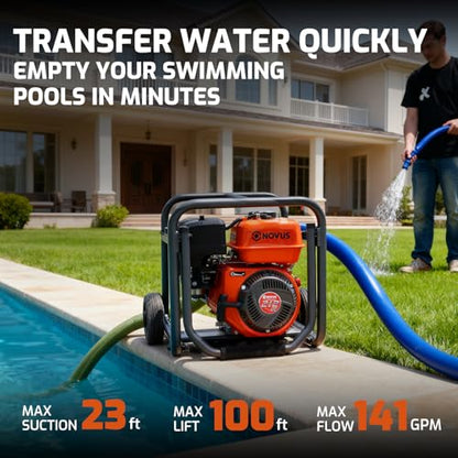 NOVUS 2-Inch Semi Trash Pump with Foldable Handle and Wheels, 212cc 4 Cycle Engine, 50ft Discharge Hose, 12ft Suction Hose with Quick Cam Lock Coupler,Gas Powered Irrigation Water Pump, EPA Certified - size: 2 Inch with Hose and Wheel