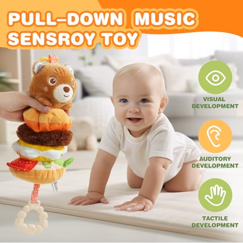 Jollybaby Baby Musical Pull String Hanging Toys for Stroller Car Seat Crib Play Gym, Plush Stuffed Hamburg Bear Toy for Carseat with Music Teether Crinkle, Sensory Toy for 0-6-12-18 Months Baby Gifts - style: Bear