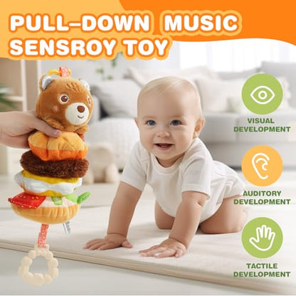 Jollybaby Baby Musical Pull String Hanging Toys for Stroller Car Seat Crib Play Gym, Plush Stuffed Hamburg Bear Toy for Carseat with Music Teether Crinkle, Sensory Toy for 0-6-12-18 Months Baby Gifts - style: Bear