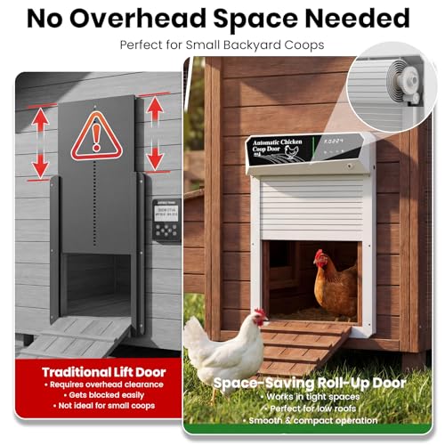 Automatic Chicken Coop Door Solar Powered, Roll-Up Auto Chicken Door with Timer & Light Sensor, Anti-Pinch Safety, Remote Control, Weatherproof Aluminum