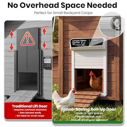 Automatic Chicken Coop Door Solar Powered, Roll-Up Auto Chicken Door with Timer & Light Sensor, Anti-Pinch Safety, Remote Control, Weatherproof Aluminum