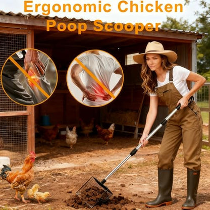 Chicken Poop Scooper & Rake, 3 in 1 Chicken Coop Scoop 23" to 42" Adjustable, Durable Metal Sifting Litter Shovel, Chicken Coop Accessories for Chickens Coop, Small Farm Animals, Cat Litter