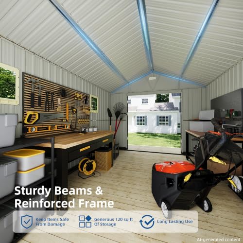 10x12 FT Outdoor Storage Shed, Garden Metal Shed with Lockable Doors & Window, Extra Large Tool Shed for Backyard, Patio & Lawn - size: 10x12 FT (No Base)
