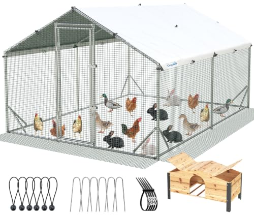 Quictent Large Metal Chicken Coop Run for 20+ Poultry with Beige Nest Box, Side Hardware Cloth & Cover, Advanced Series Outdoor Walk-in Cage Hen Duck Rabbit Dog Pen Yard Farm House, 12x9x6.6FT - color: Beige, size: 142.4"L x 107.3"W x 78.0"H