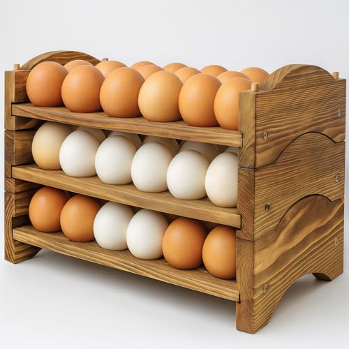 Egg Holder for Countertop, 3-Tier Wooden Rack, Holds 54 Fresh Eggs | Pulchrum rustic farmhouse pine organizer & display stand, stackable for kitchen counter or pantry, hard-boiled use, gift