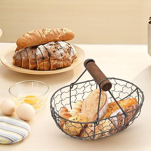 DUDOK Egg Basket, Iron+Wood Wire Egg Basket, Farmhouse Design, Black, Rectangular, Sturdy, Holds 12 Eggs, Comfortable Handle, Decorative, Kitchen, Dining Room, Living Room