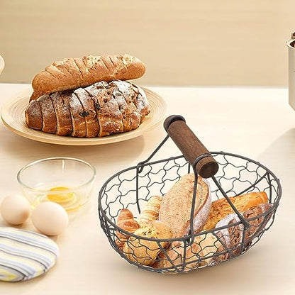 DUDOK Egg Basket, Iron+Wood Wire Egg Basket, Farmhouse Design, Black, Rectangular, Sturdy, Holds 12 Eggs, Comfortable Handle, Decorative, Kitchen, Dining Room, Living Room