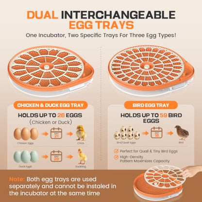 26 Egg Incubators for Hatching Eggs with Smart Voice Control & Two Interchangeable Egg Trays for Needs- Auto Turner, Temp/Humidity Control, Egg Candler for Chicken Duck Quail
