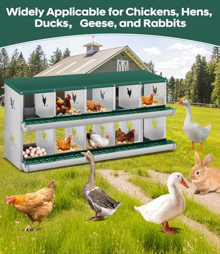 10 Compartment Chicken Nesting Boxes, Metal Roll Away Egg Laying Boxes with Removable Tray & Lid Cover, Chicken Coop Nest Box for Hens, Egg Protection Design (Without Legs) Green - color: Green, size: 10 hole - without leg