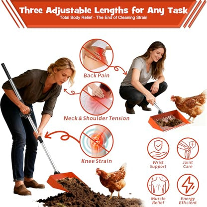 Chicken Poop Scooper & Rake 2-in-1 – 12 Inch Shovel Head & 3-Angle Adjustable 304 Stainless Steel Handle, Chicken Litter Scoop and Coop Rake & Sand Sifting Shovel for Chicken Coops, Orange - color: Orange