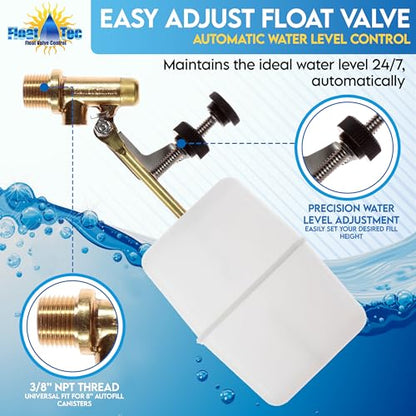 Float Tec EZ Adjust Brass Replacement Float Valve 3/8" NPT Male Threads with 3" arm for Autofill, Pools, Spas, Water fountains, Livestock Water Trough, Water Tanks Fits 8" Canister