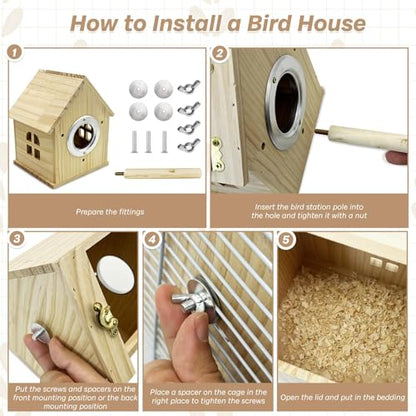 PINVNBY Parakeet Nesting Box Wooden Bird House for Cage Parrot Breeding Mating Box for Lovebirds Cockatiel Finch Cockatoo Canary and Small and Medium-Sized Birds (M: 7.91 * 6.3 * 5.82 inch) - size: Wood House Shape,M: 7.91*6.3*5.82 inch