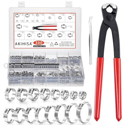 AKIHISA 300pcs 16 Sizes Single Ear Hose Clamps, 5.3-36.1mm Stainless Steel_304 Crimp Hose Clamps Cinch Rings Assortment Kit for Automotive, Pipe, Plumbing - size: 300Pcs (5.3-36.1mm)
