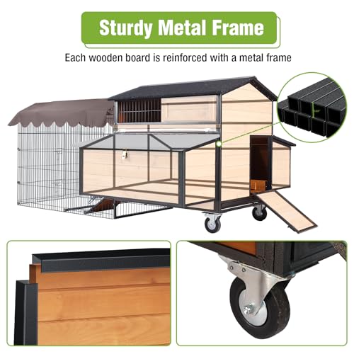 GUTINNEEN Mobile Chicken Coop with All-Around Metal Frame, 76.7" Large Chicken Coops with Super Large Wheels, Outdoor Poultry Cage Hen House with Metal Run for 6-8 Chickens - size: 76"L