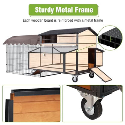 GUTINNEEN Mobile Chicken Coop with All-Around Metal Frame, 76.7" Large Chicken Coops with Super Large Wheels, Outdoor Poultry Cage Hen House with Metal Run for 6-8 Chickens - size: 76"L