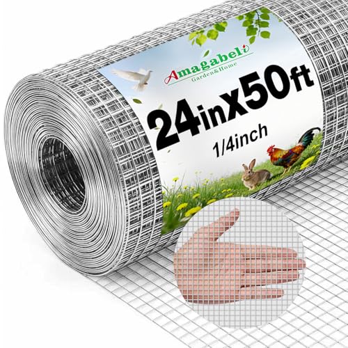 Amagabeli Galvanized Hardware Cloth 1/4 inch 24inx50ft 23 Gauge Chicken Wire Fence Welded Wire Mesh Roll Plant Supports Poultry Netting Garden Bed Animal Cage Snake Rabbit Wire Gopher Rodent Proof - size: 1/4" 24"x50'
