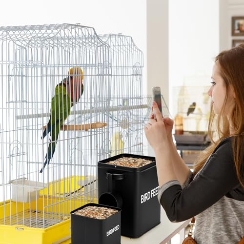 Reallnaive 2 Pcs Metal Bird Seed Container with Scoop, Bird Feed Storage Container with Fitted Lid, Farmhouse Style Ideal Gift for Birds and Pet Owners(Black) - color: Black