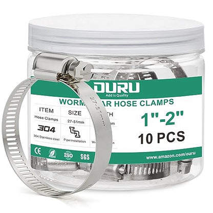 OURU 10PCS Hose Clamps Stainless Steel Adjustable 1"–2"(27-51mm) Worm Gear Hose Clamp, Heavy Duty Metal Small Hose Clamps for Automotive, Pipe, Radiator Plumbing, Fuel Line - size: 1"-2"(27-51mm)