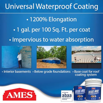 Ames Research Laboratories BMX5RG Blue MAX Waterproofer, Regular Use in Interior & Below-Grade Exterior Concrete Sealer and More. Liquid Rubber, 5 Gallon (Pack of 1), 640 Fl Oz | Ideal for waterproofing above & below grade foundations, basements, roofs, f