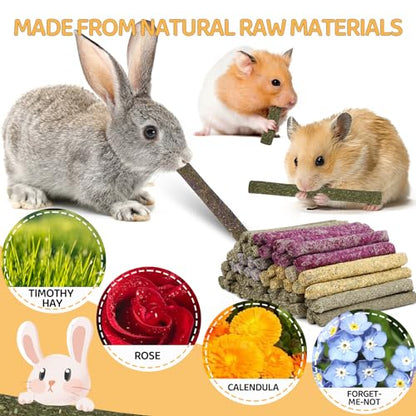 52Pcs Rabbit Chew Sticks, Guinea Pig Toys, Natural Timothy Grass Molar Teeth Stick, Mixing Flowers, Roses, Calendula and Forget Me Not, Small Animals Treats - size: 52Pack-Sticks