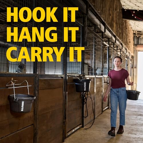Rubbermaid Commercial Products Brute 5-Gallon 3-in-1 Flat-Back Feed Bucket with Hook-Hang-Carry Handle, RigidCell Strength, Pour Spout, USA Made for Horse & Livestock - size: 5 Gal, style: Bucket