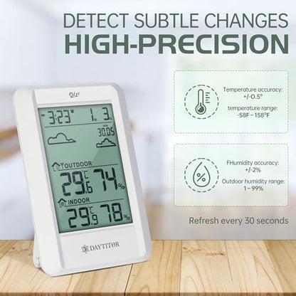 Outdoor Thermometer Weather Station Wireless, White | High Precision Temperature Humidity Gauge Monitor, 330ft Range Remote Sensor, Digital Hygrometer, Waterproof