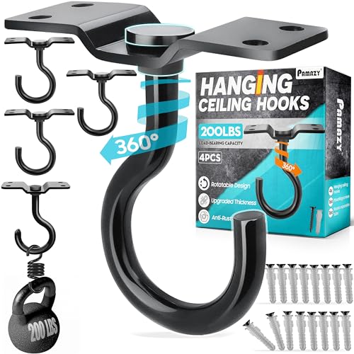 [UPGRADED] 4Pcs 200LBS Rotatable Ceiling Hooks with 4 Screw Points Base, Wall Mount Metal Hanger Black Ceiling Hook for Hanging Plant, Bird Feeder, Lights, Bed Canopy, Wind Chime, Indoor Outdoor Decor - style: 4PCS