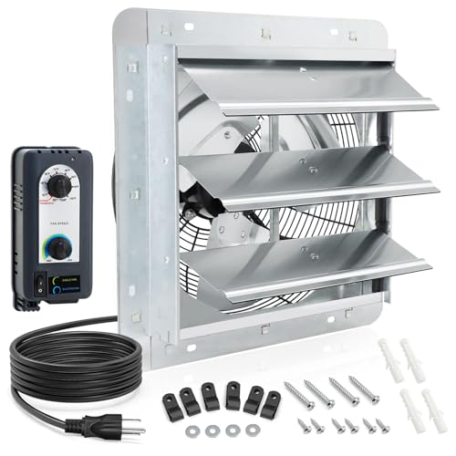 12 inch Shutter Exhaust Fan with Speed & Thermostat Control, 1400 SQ. Ft Coverage Area, 960 CFM, Upgrade Wall Mount Attic Vent Fan for Greenhouse, Garage, Chicken Coops Ventilation Fans - size: 12 inch