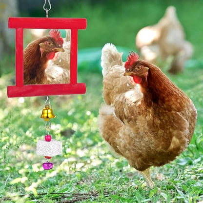 3 Packs Chicken Toys for Coop, Hen Chicken Coop Mirrors Bird Toy with Bells Hanging Parrot Grindstone Bird Beak Stones for Chicks Parrots Birds Hens - color: Red