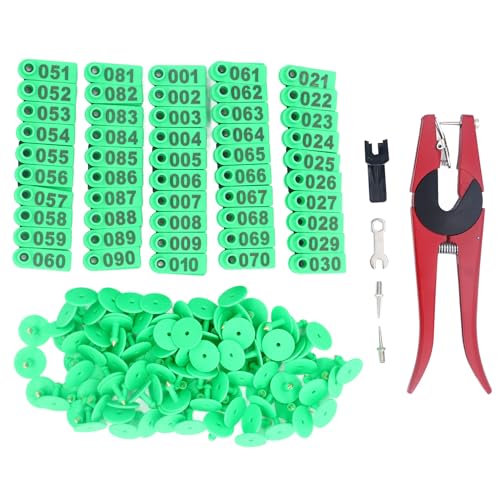 Number Animal Ear Tag with Applicator, Livestock Ear Tag Kit, Livestock Identification Ear Tags for Cattle Horse Pig Sheep (100 Sets) (Green Ear Tag with Red Pliers with 2 Ear Tag) - color: Green Ear Tag With Red Pliers With 2 Ear Tag