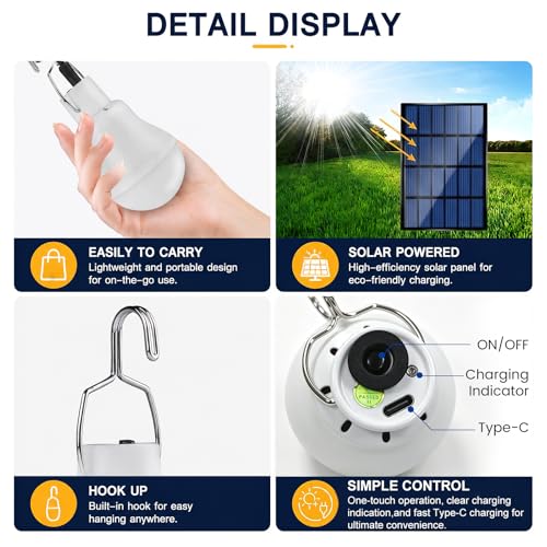 Solar Light Bulbs for Indoor Home and Chicken Coop, Outdoor Waterproof Camping Lamps for Tent, Rechargeable LED Solar Lights for Shed Night, Emergency, 2-Pack - style: Manual ON / OFF