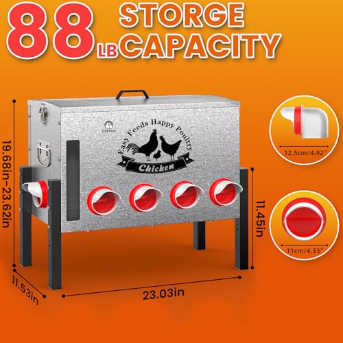 16gal Large Automatic Chicken Feeder - 10 Port No Waste Poultry Feeder, Rust-Proof Alloy Steel with Locking Lid & Adjustable Legs for Chickens, Ducks, Geese, Poultry - size: 16GAL-88LB