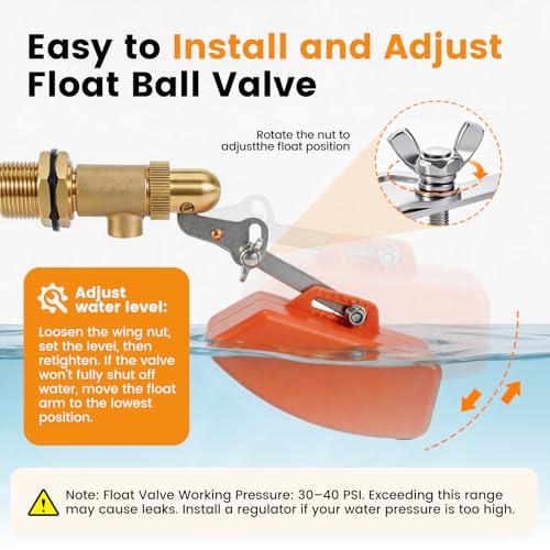 2 Pack Brass Float Valve 3/4 Inch, Auto Water Level Control, No leakage | Water Float Valve with Adjustable Arm, Auto Shut off Pool Pond Float Ball Valve for Trough,Fountains,Water Tank,Aquariums - color: 3/4 in Orange