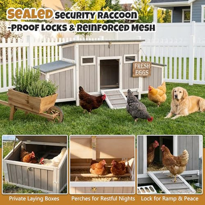 Wooden Chicken Coop, Outdoor Poultry House with Weatherproof Asphalt Roofs, Removable Tray & 2 Nesting Boxes, Ramp Door, Ventilation Windows, Chicken House for 2-4 Chickens Backyard Garden