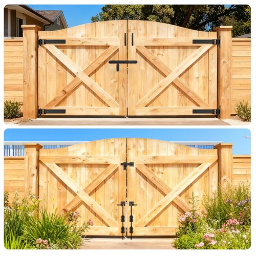 Heavy Duty Gate Hinges, 13" Bolt-On or Weld-On Hinges with Slide Bolt Gate Latch, Cane Bolts, Door Handles, 180° One-Way Open Gate Hinge for Double Wooden Door/Metal Gates,Garden Gates, Fence, Barn - style: 4 Pack Gate Hinges with Accessories