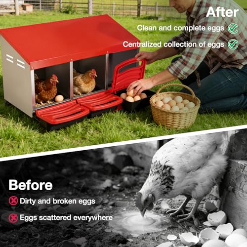 Chicken Nesting Boxes, 3 Compartments Egg Collection with Removable Drawer, Chicken Metal Laying Nest Box for Hens, Easy to Assemble, for Chicken Coop, Red - color: Red