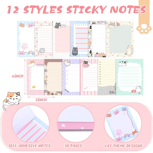 24 Pcs Cat Sticky Notes with Pens Cat Themed Gifts Party Favors Notepad Cute Memo Notes Pads Black Ink Ballpoint Pen for Women Animal Lover Christmas Gifts Office School Students Teacher Supplies - style: Cat