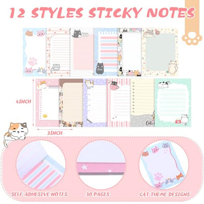 24 Pcs Cat Sticky Notes with Pens Cat Themed Gifts Party Favors Notepad Cute Memo Notes Pads Black Ink Ballpoint Pen for Women Animal Lover Christmas Gifts Office School Students Teacher Supplies - style: Cat