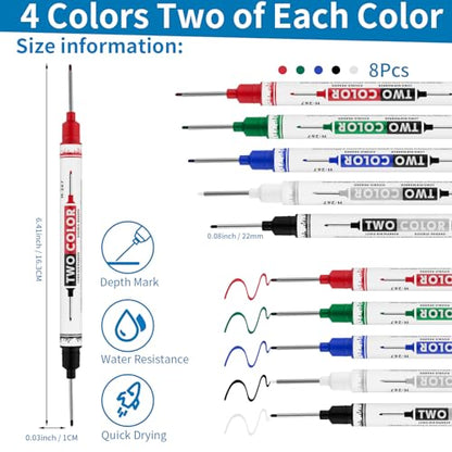 8 PCS Long Head Deep Hole Marker Pens,20mm Long Nib Marker, Longs Nose Markers, Waterproof Construction Markers Marking Tool,Permanent Markers Carpenter Ink marker Pens,Metal marking Pens - color: 8PCS-Double-ended pens-20MM-Red/Blue/Green/Black/White