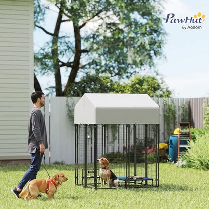 PawHut Outdoor Dog Kennel with Roof, 4' x 4' x 6' Heavy Duty Welded Wire Dog Playpen Enclosure with Escape-Proof Lock, UV-Resistant & Waterproof Cover, for Medium Dogs, Chickens, Ducks, Silver - size: 48" L x 48" W x 72" H, style: Single Room