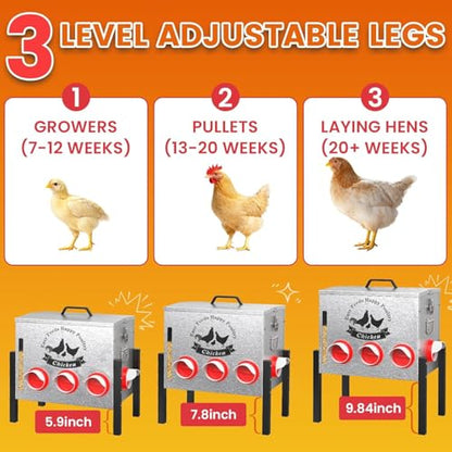 10gal 55LB Large Automatic Chicken Feeder with Window - 8 Port No Waste Design, Rust-Proof Alloy Steel with Locking Lid & Adjustable Legs, Waterproof Silo for Hens, Ducks, Geese, Poultry (silver) - size: 10GAL-55LB