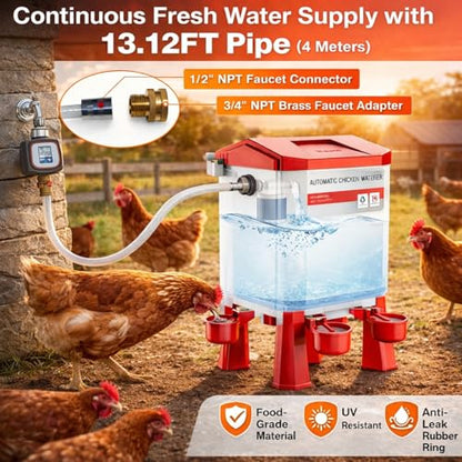 2 Gallon Automatic Chicken Waterer with Float Control, Hanging & Standing Poultry Water Feeder for Chickens, Ducks, Quail, Connect to 3/4'' Faucet & Hose, Easy Installation & Reliable Supply (Red)
