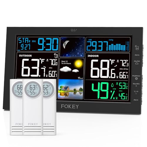 Weather Station Wireless Indoor Outdoor, Indoor Outdoor Thermometer Wireless, Home Atomic Clock Weather Stations, Temperature Humidity Barometer Inside Outside Thermometers, Black with 3 Sens - color: DeepBlack, size: with 3 sensors