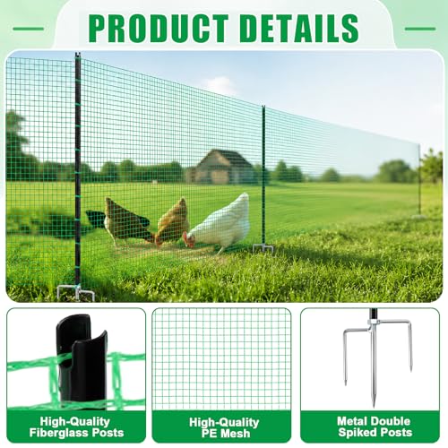Temporary Fence with Metal Posts, 3' x 50' Garden Fence Animal Barrier for Backyard, Plastic Mesh Fencing with Windbreak Rope and Ground Stakes, Temporary Dog Fence for Outdoor Yard Animal Protect